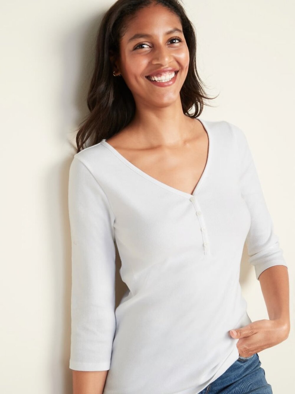 Old Navy Rib Knit Henley Top ¾ Sleeve V-neck Slim Fit White Size Petite XXL